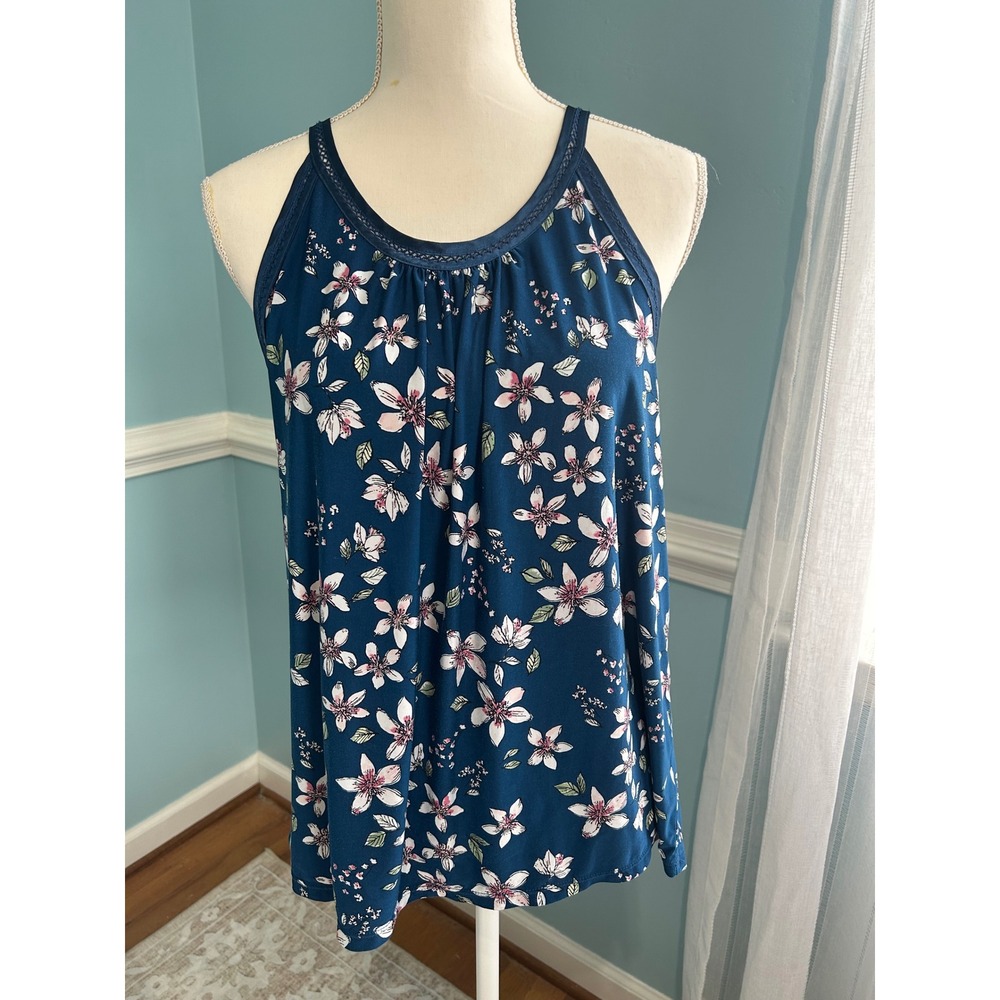 Alfani Intimates Navy Blue Floral Night/Day Tank Top Lace Trim Halter Neck Large